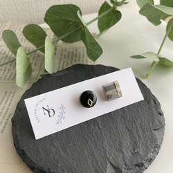 ブラック　グレー　ボーダー　チェック　シンプル　美濃焼　陶器　タイル　ピアス　イヤリング 2枚目の画像