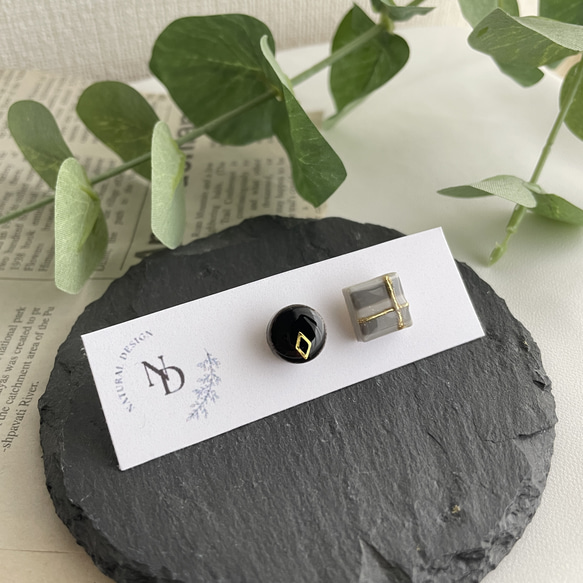 ブラック　グレー　ボーダー　チェック　シンプル　美濃焼　陶器　タイル　ピアス　イヤリング 2枚目の画像