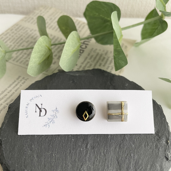 ブラック　グレー　ボーダー　チェック　シンプル　美濃焼　陶器　タイル　ピアス　イヤリング 1枚目の画像