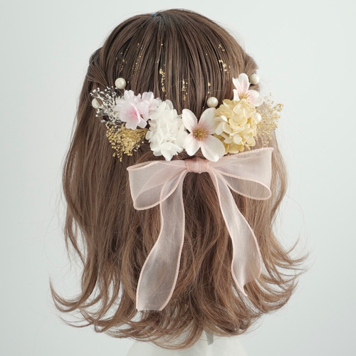 A265 オーガンジーリボン ドライフラワー 髪飾り ピンク 白 桜 卒業式