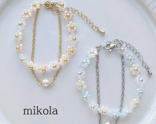お花と淡水パールの2連ビーズブレスレット❃ ブレスレット