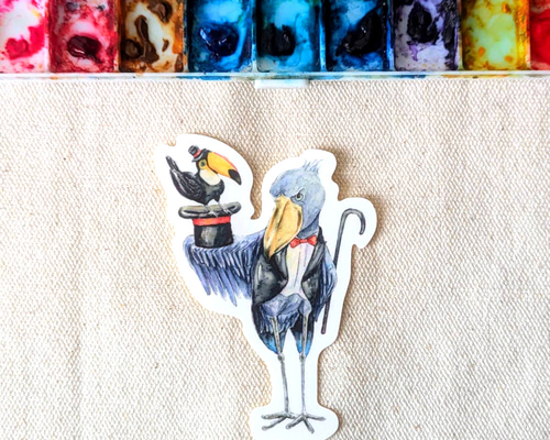 ハシビロコウとオニオオハシのマジシャン 耐水ステッカー シール