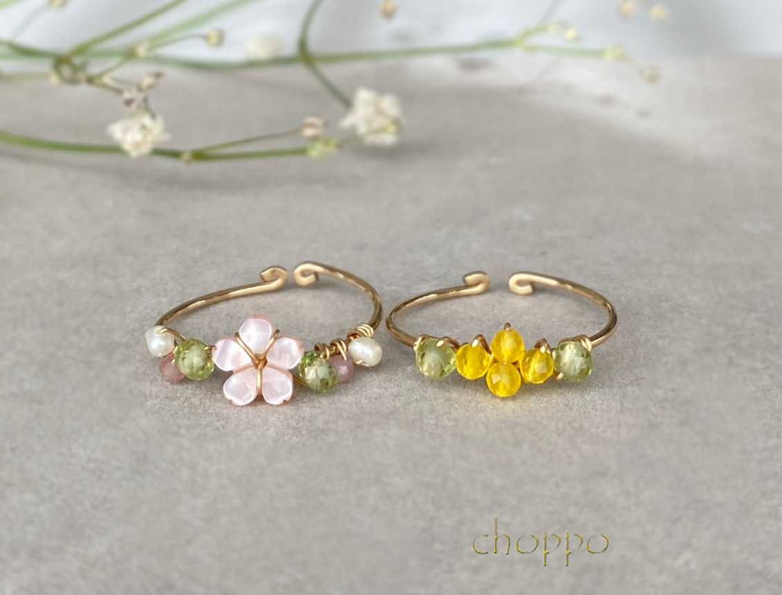 【春の超早割】葉桜＆ミモザリングの重ね付けセット　14㎏f　トルマリン　淡水パール　オープンリング　春色　桜　ミモザ