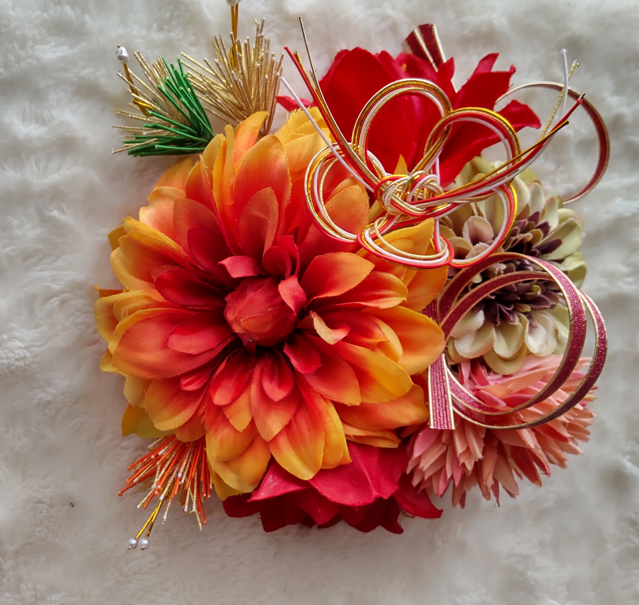 造花髪飾り　オレンジダリア　松