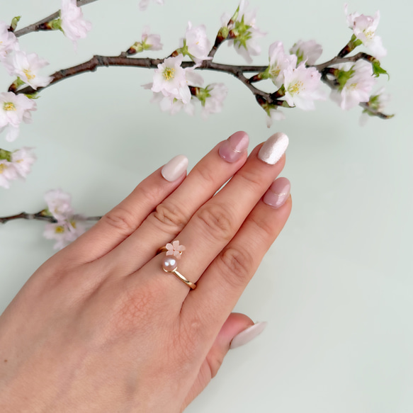 【選べるカラー】桜 ピンク フォークリング 淡水パール シェル フリーサイズ 14kgf  誕生日 母の日 ギフト 指輪 2枚目の画像