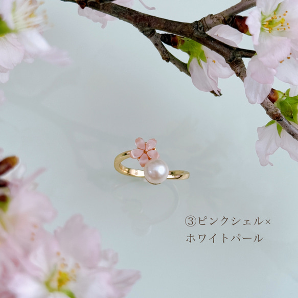 【選べるカラー】桜 ピンク フォークリング 淡水パール シェル フリーサイズ 14kgf  誕生日 母の日 ギフト 指輪 7枚目の画像
