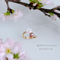 【選べるカラー】桜 ピンク フォークリング 淡水パール シェル フリーサイズ 14kgf  誕生日 母の日 ギフト 指輪 6枚目の画像