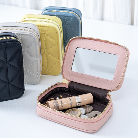 ラム革☆鏡付きミニポーチ】甘いマカロンカラー│かわいい小物入れ