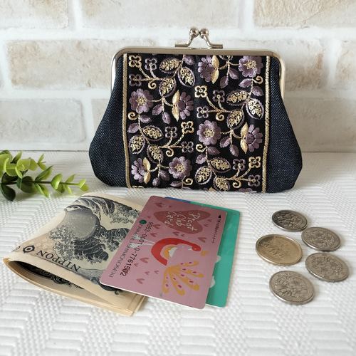 がま口財布コンパクト インド刺繍リボンがお洒落な布ケース