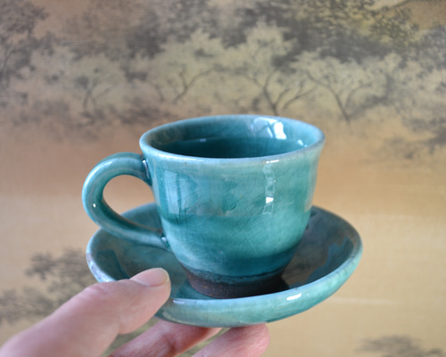 作家物　コーヒーカップ　★陶器★ 再入荷！】コーヒーカップ＆ソーサー(ターコイズ) ギフト ☆萩焼き