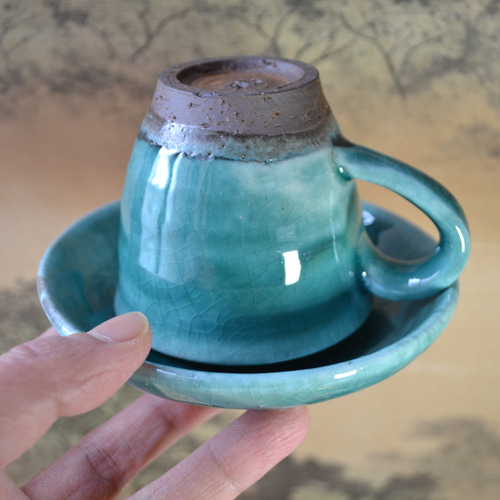 再入荷！】コーヒーカップ＆ソーサー(ターコイズ) ギフト ☆萩焼き