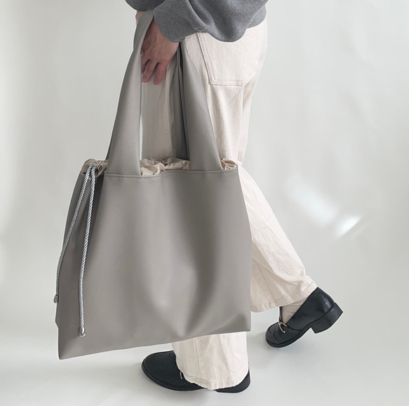 グレージュエコレザー　トートバッグ　L 3枚目の画像