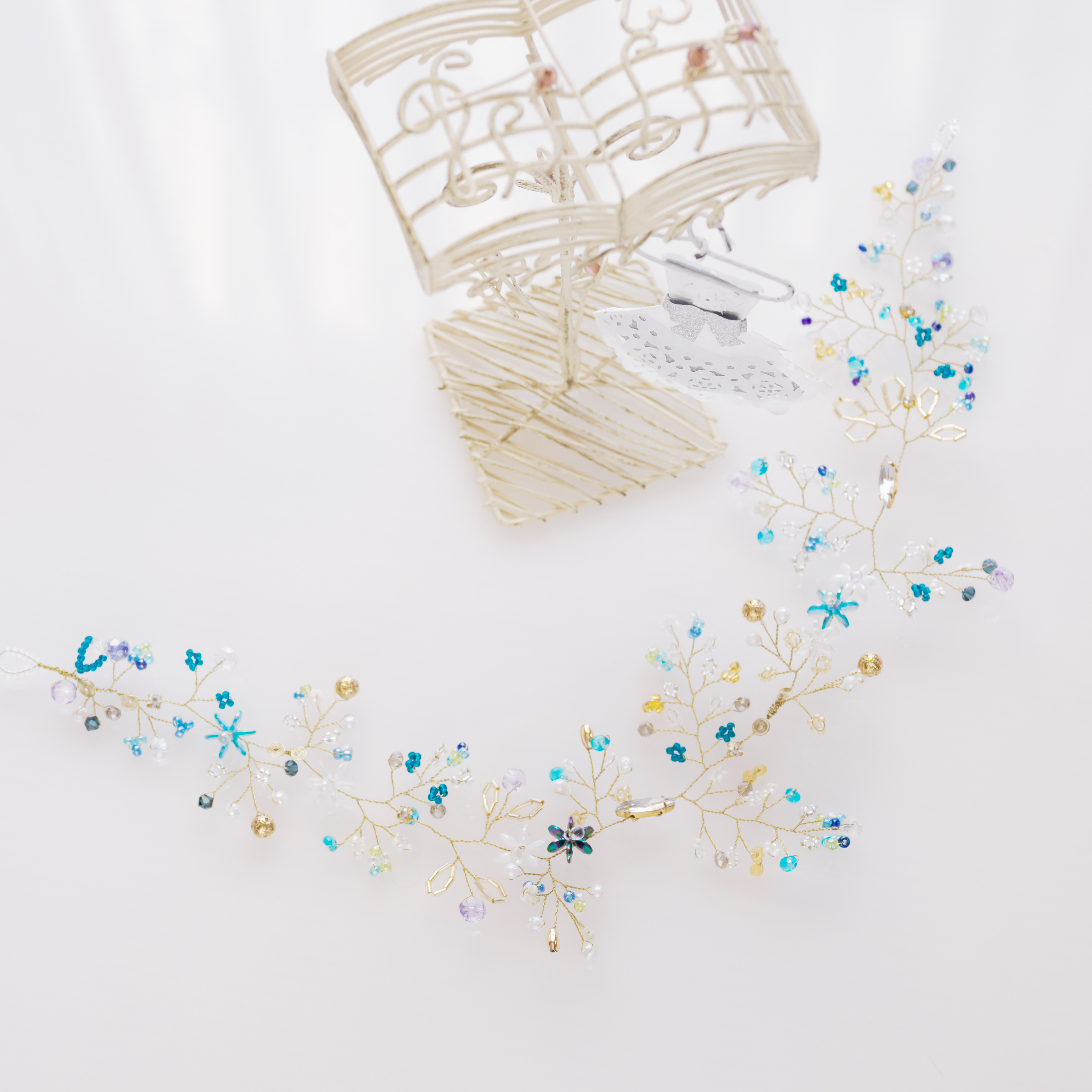 HAKB-1 ヘッドアクセサリー 小枝アクセサリー　ブルー系　ロング　37cm ウェディング ブライダル　結婚式