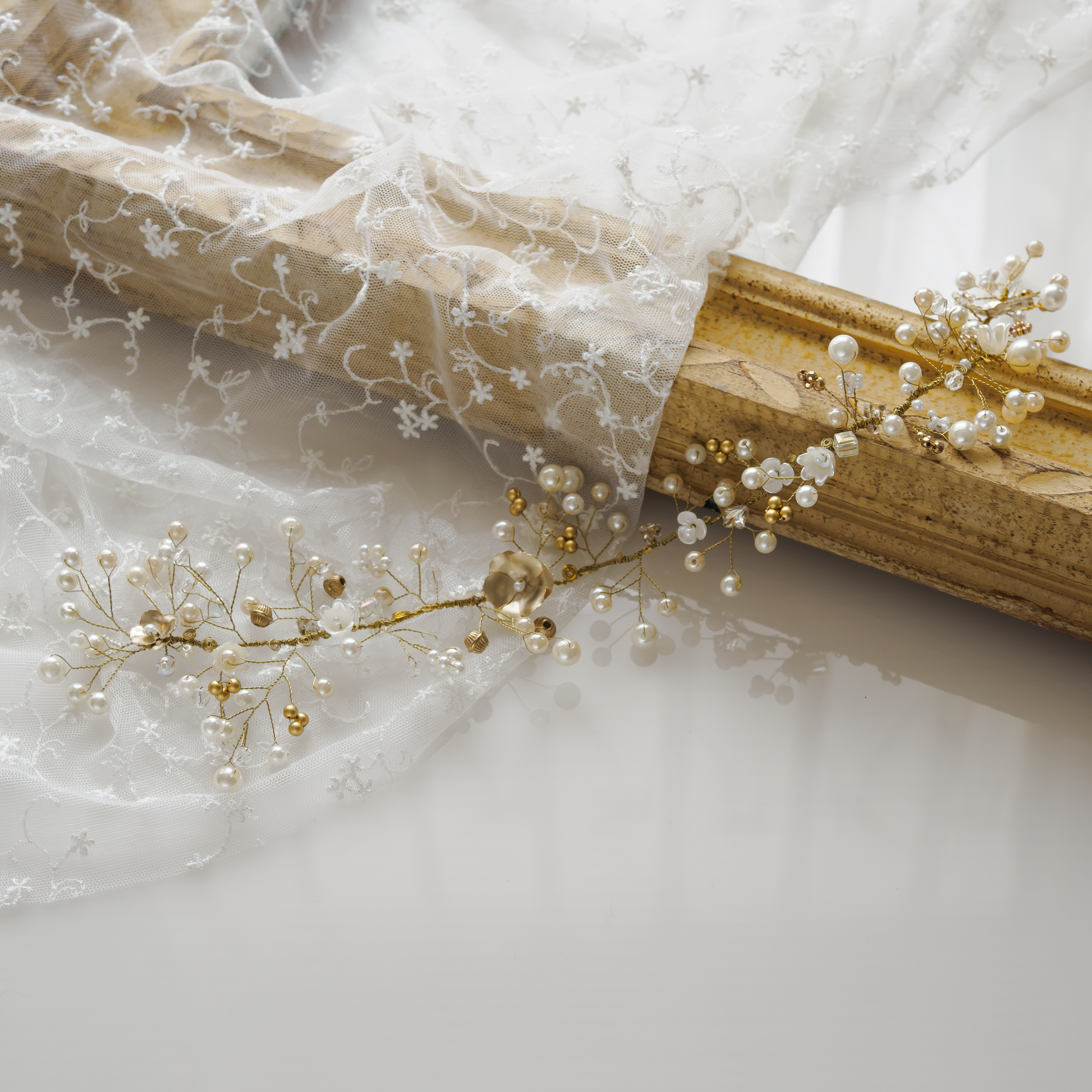 HAKB-3 ヘッドアクセサリー 小枝アクセサリー　ゴールド　パール　ロング　37cm ウェディング ブライダル　結婚式