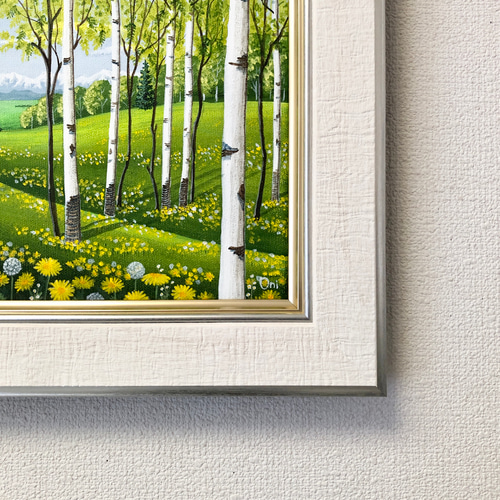 アクリル画　原画　「タンポポの咲くフィールド01」額縁付　F4サイズ　キャンバス タンポポの咲くフィールド01」アクリル画 額縁付 原画 キャンバス F4