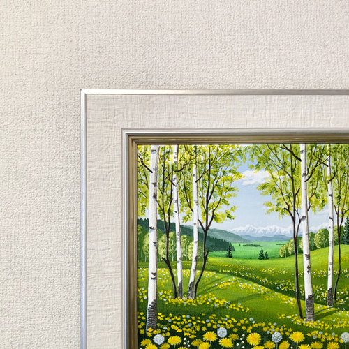 タンポポの咲くフィールド01」アクリル画 額縁付 原画 キャンバス F4