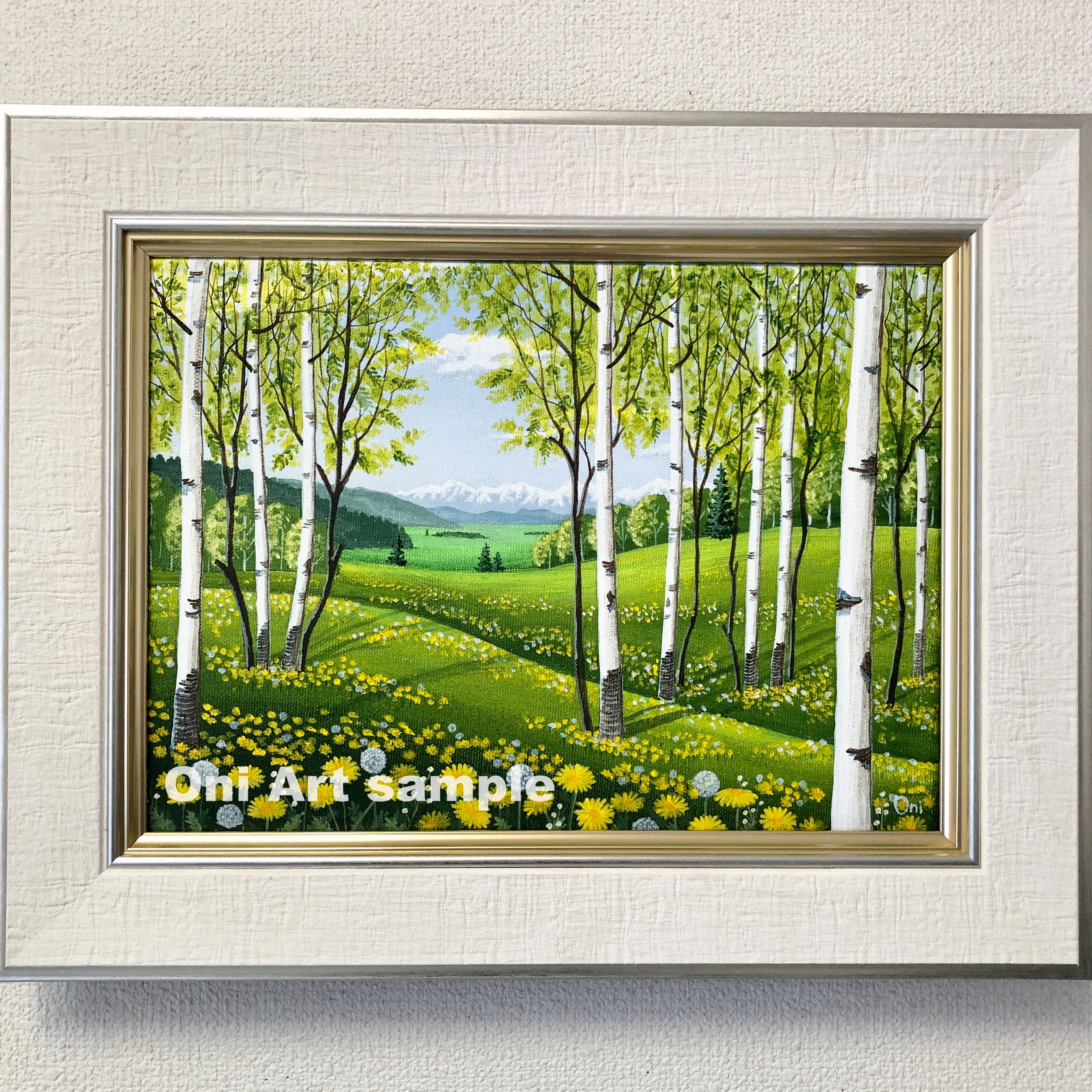 絵画　アクリル絵　額縁　ボード　タンポポ タンポポの咲くフィールド01」アクリル画 額縁付 原画 キャンバス F4