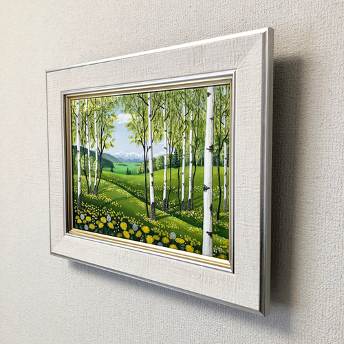 タンポポの咲くフィールド01」アクリル画 額縁付 原画 キャンバス F4