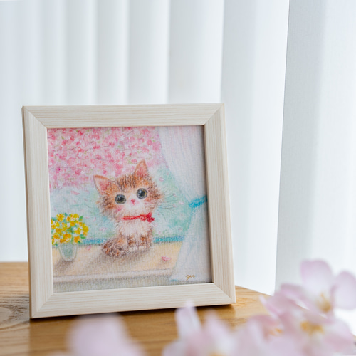動物 原画 絵 手描き 癒し 猫 さくら 一点物 額縁付き 『手のひらの春』 チョークアート作品 手描き ペット画 一点物 チョークアート作品原画