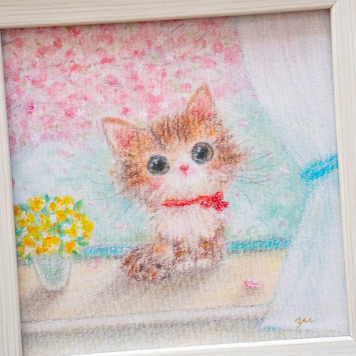 送料無料｜【複製画】「春の窓際」 パステルアート 猫 ねこ ネコ 桜
