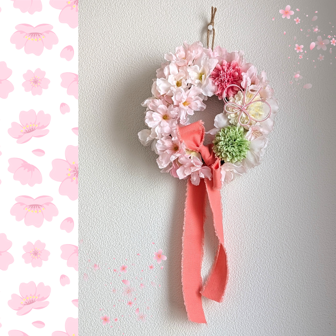 桜とマムに蝶々を飾りました　ずっときれいなふわふわピンクのアーティフィシャルフラワー（造花）リース