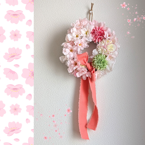 桜とマムに蝶々を飾りました ずっときれいなふわふわピンクのアーティ