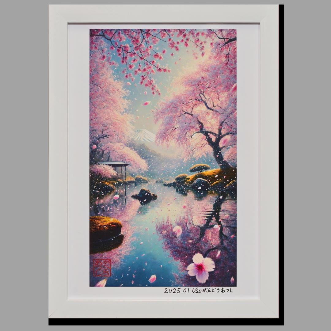 花さそふ 嵐の庭の 雪ならで【AIアート 桜富士山】A4額装品がんどう
