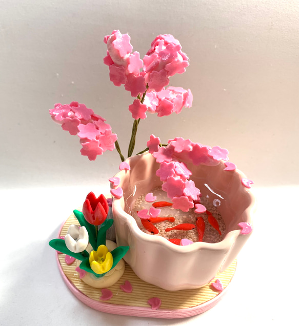 桜　ハンドメイド　樹脂粘土 ☆桜満開の春金魚 (受注生産) 樹脂粘土 お花見 その他置物 おり姫 通販