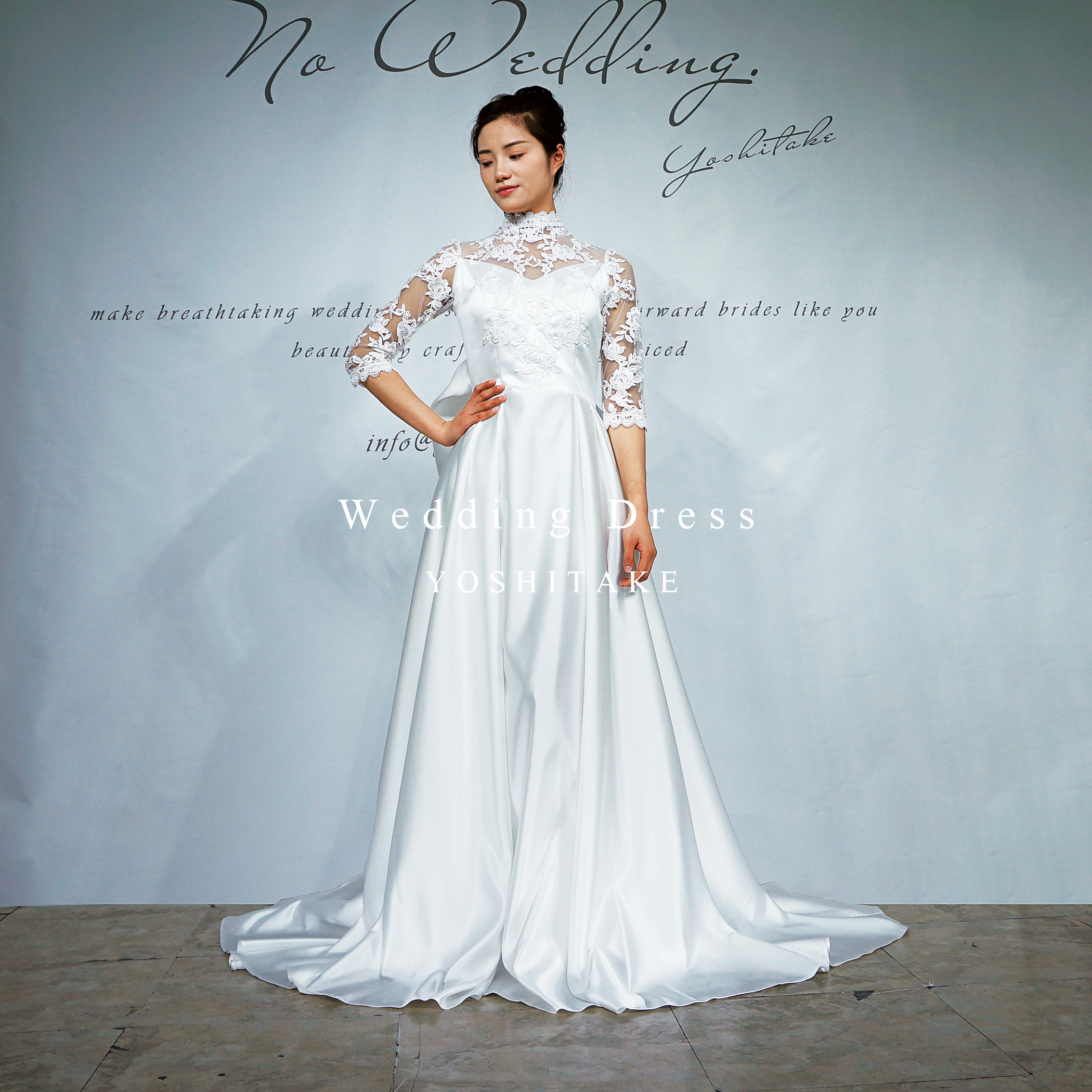 ウエディングドレス.白.サテン.Aライン.リボン.レース.ハイネック.結婚式