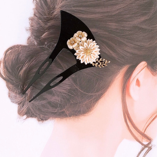 最高級 絹100%】つまみ細工髪飾り バチ型かんざし 扇形二本足簪 礼装