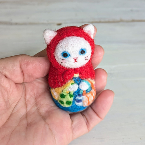 猫マトリョーシカ(白猫さんの楽しいお買い物) 羊毛フェルト 羊毛
