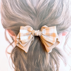ベージュ ギンガムチェック リボンヘアゴム ヘアゴム