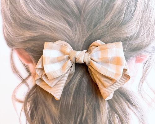 ベージュ ギンガムチェック リボンヘアゴム ヘアゴム