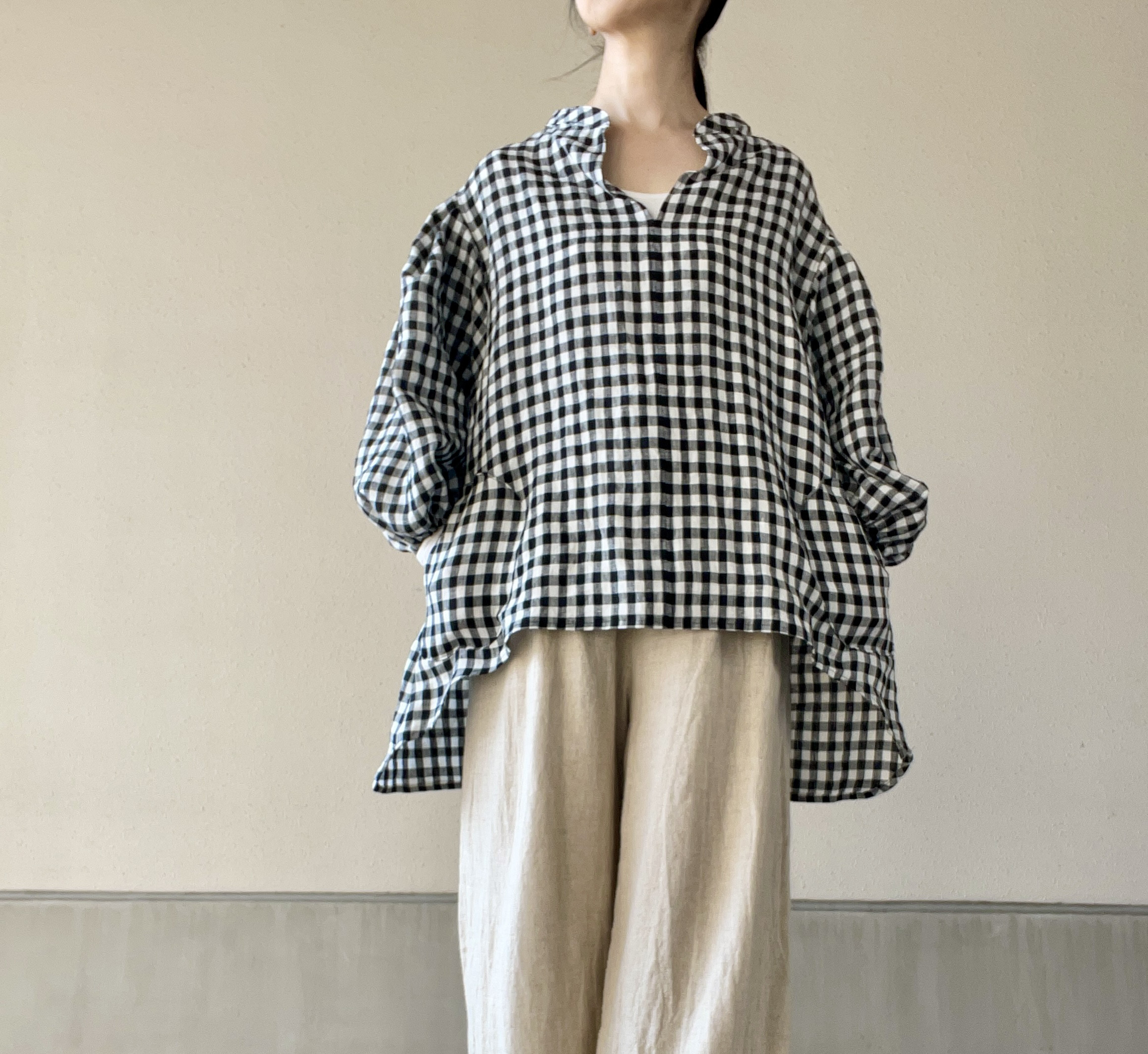 『creema限定』リネンギンガムチェックビックタック袖ポケット付きブラウス