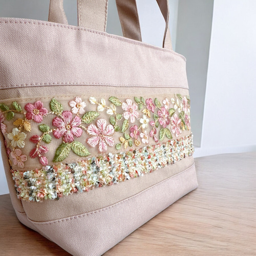 桜/インド刺繍×キラキラツイード 帆布◇トートバッグ トート 桜/インド刺繍×キラキラツイード 帆布◇トートバッグ トート