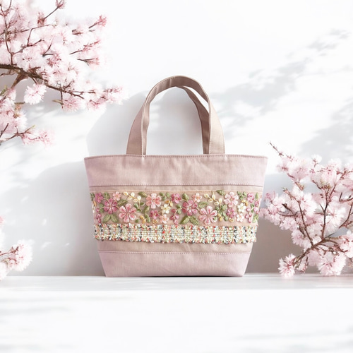桜/インド刺繍×キラキラツイード 帆布◇トートバッグ トート 桜/インド刺繍×キラキラツイード 帆布◇トートバッグ トート