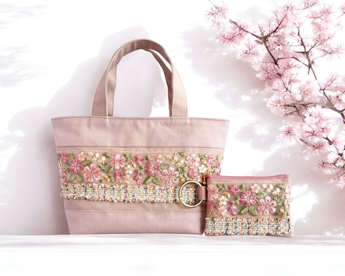 ハンドメイド　リネンバッグ　刺繍バッグ 大きいサイズ　ピンク 春の超早割2026】桜/インド刺繍×帆布☆トートバッグ＆ポーチセット