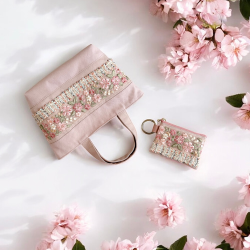桜/インド刺繍×帆布☆トートバッグ＆ポーチセット トートバッグ