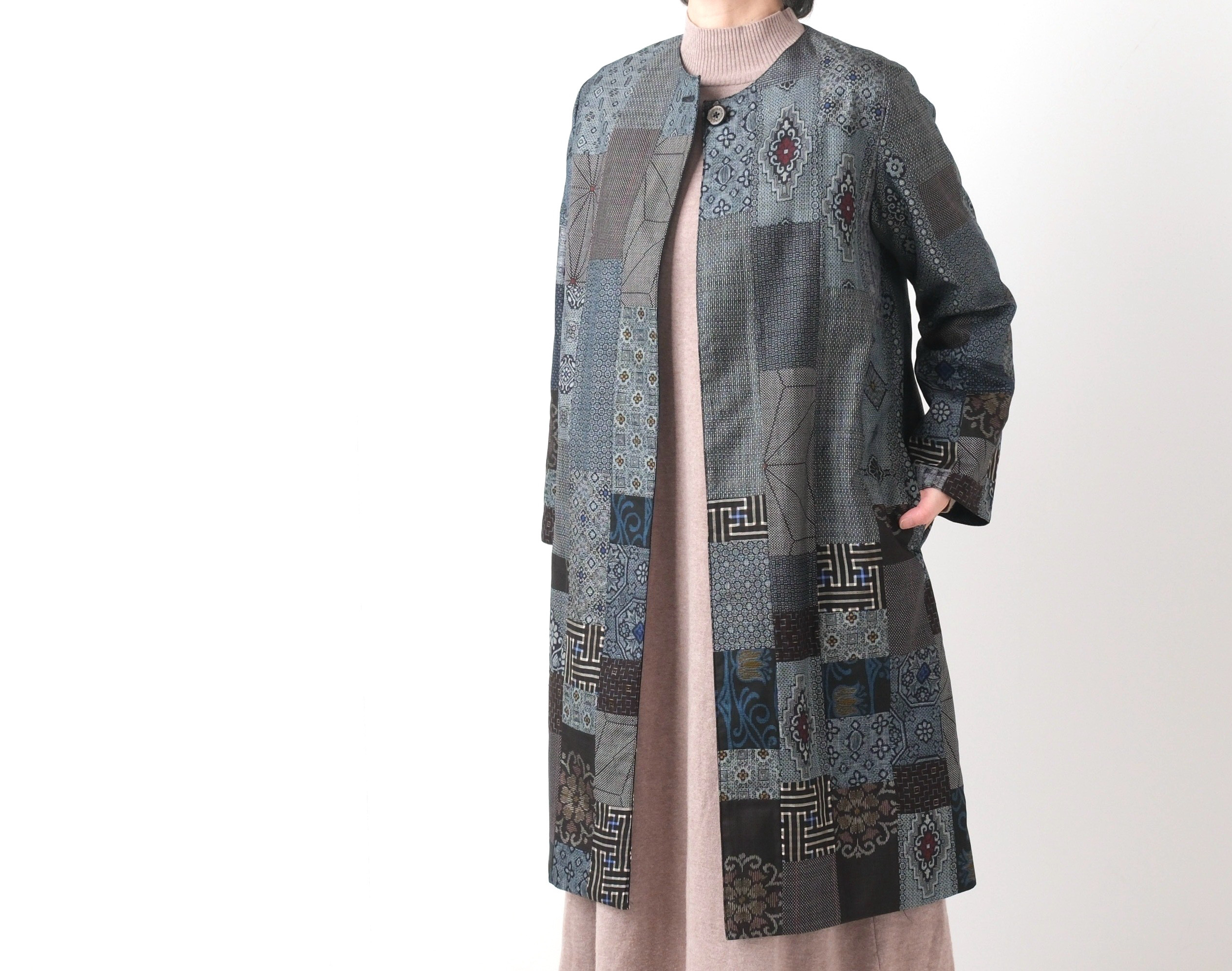 8540 未使用 紬（つむぎ） パッチワーク 洒落帯 リバーシブル