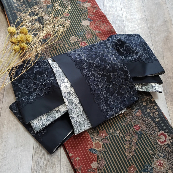 m*　ハンドメイド半幅帯No,48＋黒レース半襟　おまとめ 半幅帯】ブラックバラレースとFlower garden gray/ 白 黒 着物 和装