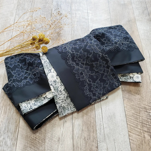 半幅帯】ブラックバラレースとFlower garden gray/ 白 黒 着物 和装