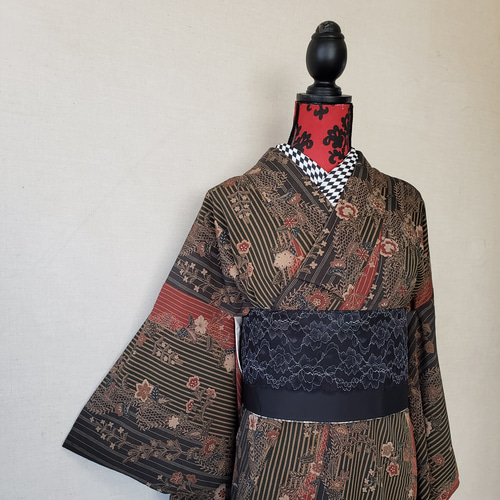 半幅帯】ブラックバラレースとFlower garden gray/ 白 黒 着物 和装