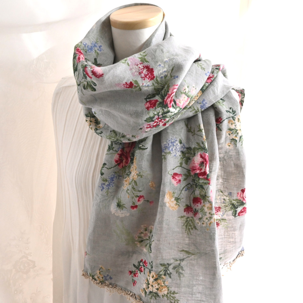 高級麻100% アンティーク風フラワー×レース＊ストール