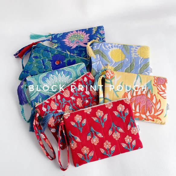 ＊ ブロックプリント フラットポーチ ＊ 14cm インド綿　キルティング ぺたんこポーチ 1枚目の画像