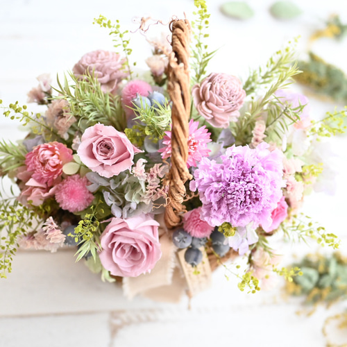 多色プリザーブドフラワーアレンジメント 森の花籠アレンジメント＊プリザーブドフラワー 母の日 誕生日 お祝い