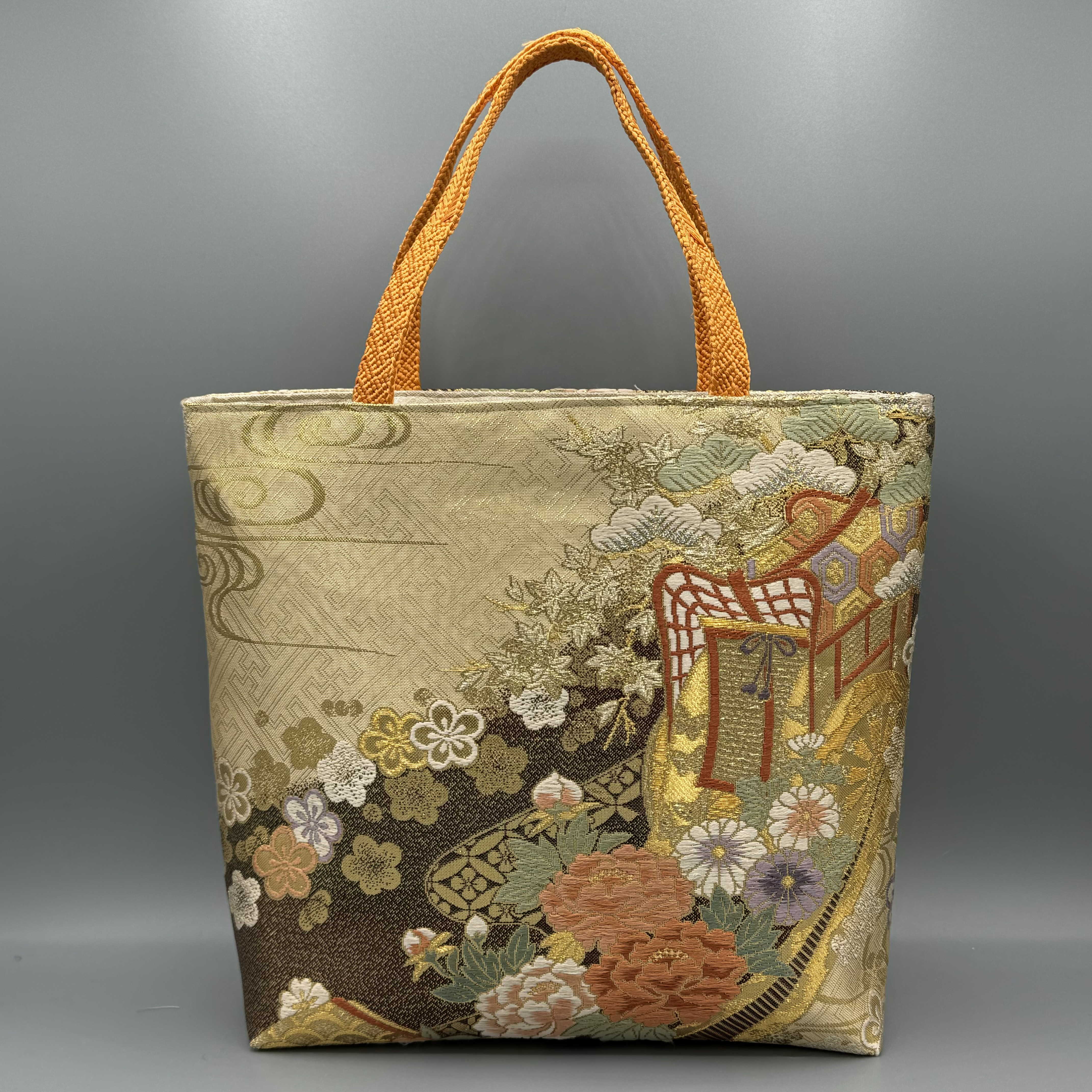 着物 帯 帯締め ハンドメイド トートバッグ リメイク 金 花