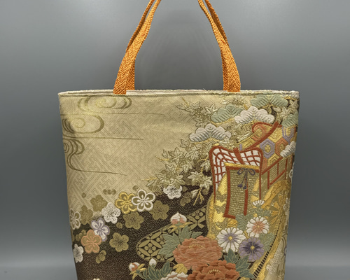着物 帯 帯締め ハンドメイド トートバッグ リメイク 金 花