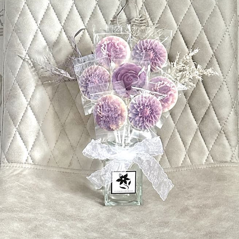 【送料無料】米粉フラワークッキーアレンジメント（パープルカーネーション・パープルダリア・パープルローズ）