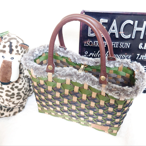 クラフトバンド＊かごバッグL/柄編み✜モスグリーン/チョコ かご