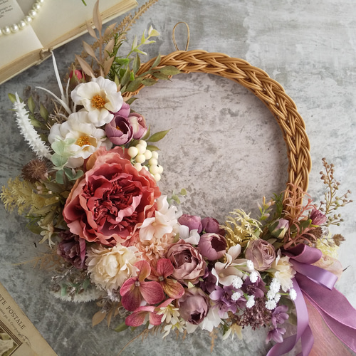 M フラワーリース＊玄関リース 大きめ お正月リース ピンク M フラワー